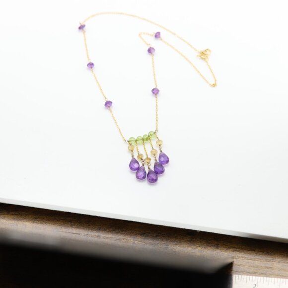 Amethyst Beaded Necklace 14k Yellow Gold Dangle Bead Necklace #001 - Picture 3 of 6